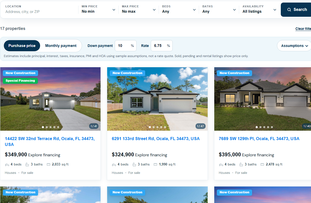 Verasol property search with payment controls and three listing cards