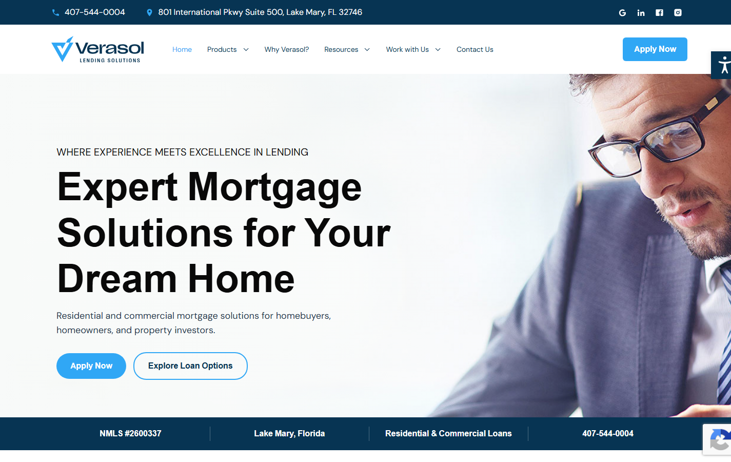 Verasol's public mortgage website, showing its branding and loan-program introduction